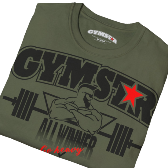 A  military green Gymstar t-shirt with a graphic print Bad Attitude and a barbell in the center, designed for fitness and sports. Front close up view.