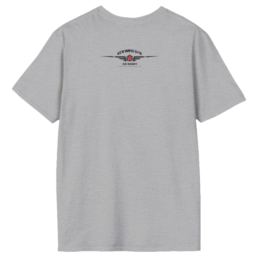 A  silver grey Gymstar t-shirt with a graphic print Bad Attitude and a barbell in the center, designed for fitness and sports. Rear view.