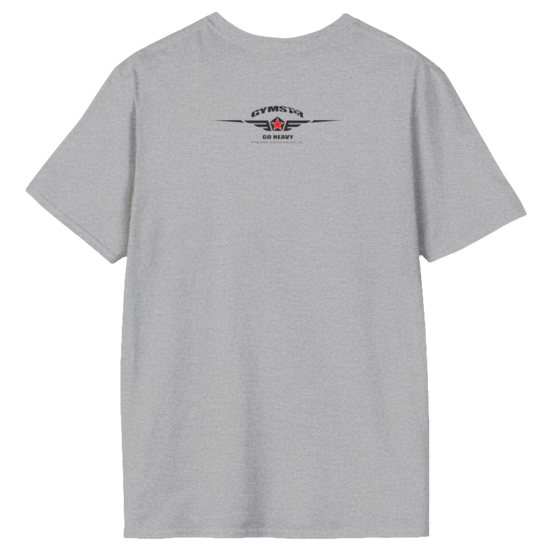 A  silver grey Gymstar t-shirt with a graphic print Bad Attitude and a barbell in the center, designed for fitness and sports. Rear view.