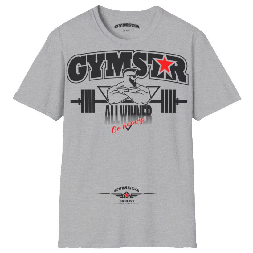 A  silver grey Gymstar t-shirt with a graphic print Bad Attitude and a barbell in the center, designed for fitness and sports. Front  view.