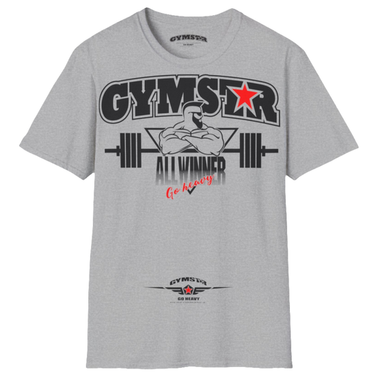A  silver grey Gymstar t-shirt with a graphic print Bad Attitude and a barbell in the center, designed for fitness and sports. Front  view.