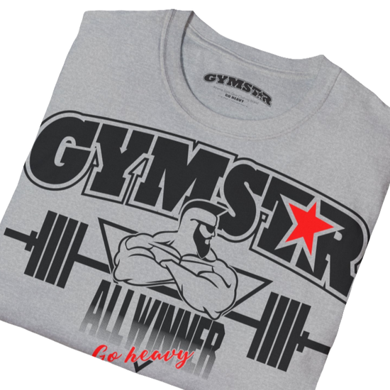 A  carolina blue Gymstar t-shirt with a graphic print Bad Attitude and a barbell in the center, designed for fitness and sports. Front close up view.