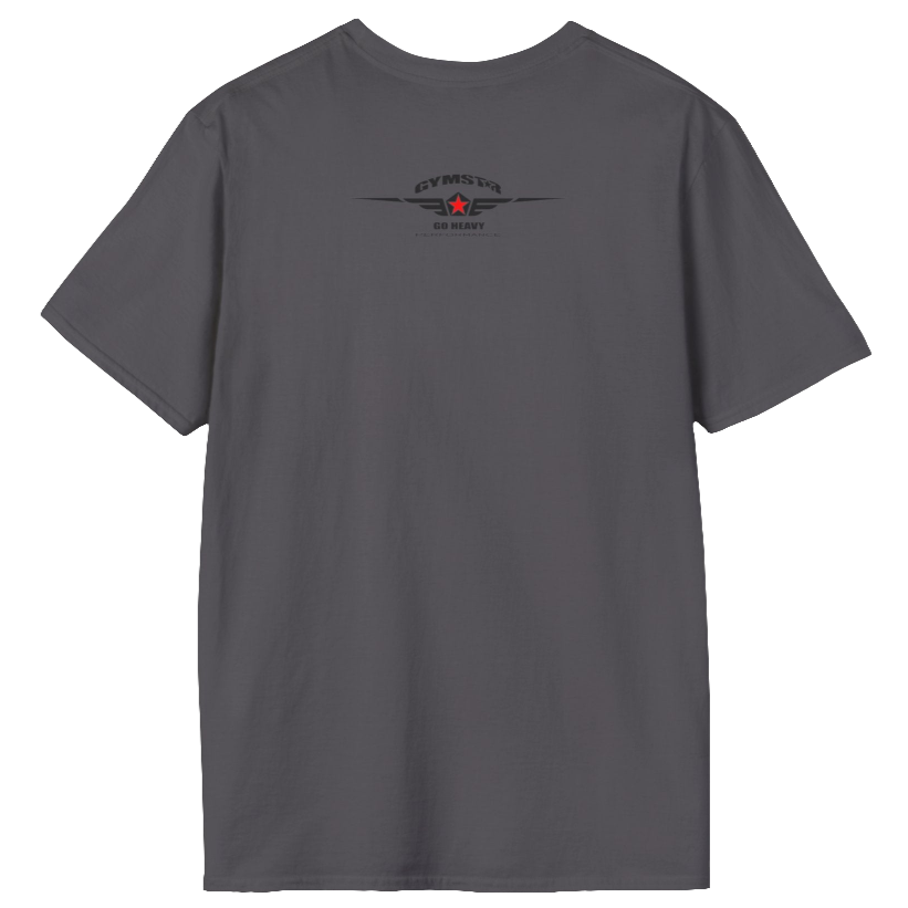 A  sport grey Gymstar t-shirt with a graphic print Bad Attitude and a barbell in the center, designed for fitness and sports. Rare view.