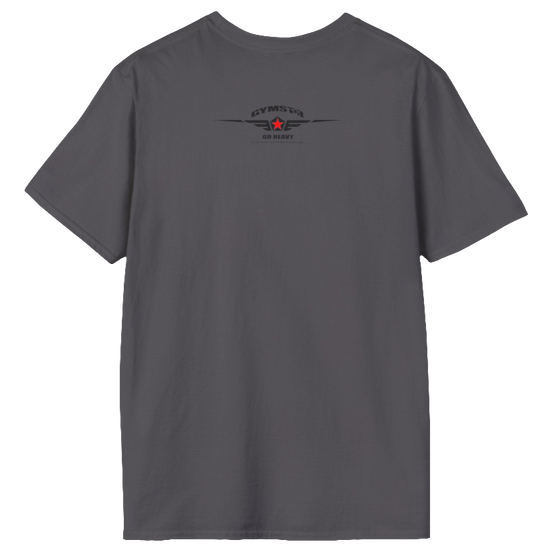 A  sport grey Gymstar t-shirt with a graphic print Bad Attitude and a barbell in the center, designed for fitness and sports. Rare view.