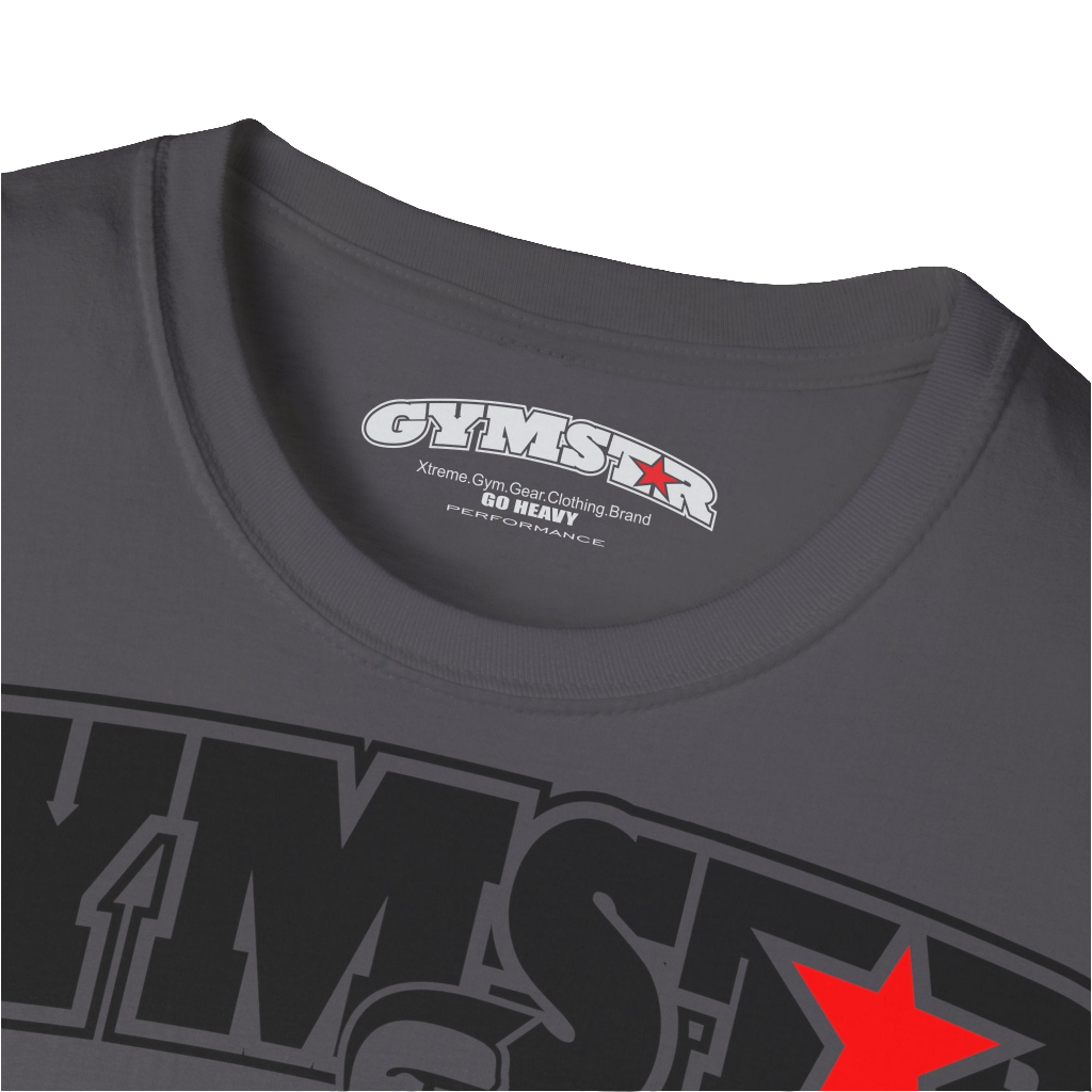 A  sport grey Gymstar t-shirt with a graphic print Bad Attitude and a barbell in the center, designed for fitness and sports. Front logo close up view.