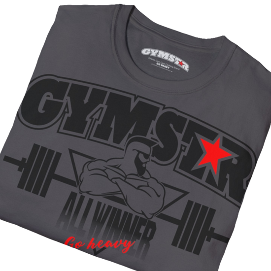 A  sport grey Gymstar t-shirt with a graphic print Bad Attitude and a barbell in the center, designed for fitness and sports. Front close up view.
