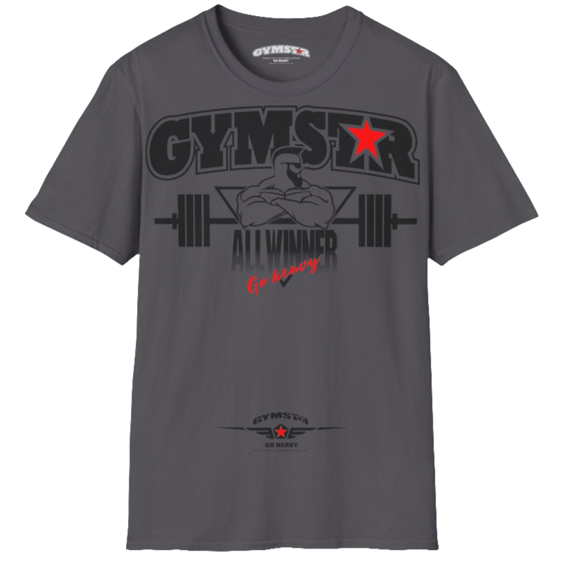 A  sport grey Gymstar t-shirt with a graphic print Bad Attitude and a barbell in the center, designed for fitness and sports. Front  view.