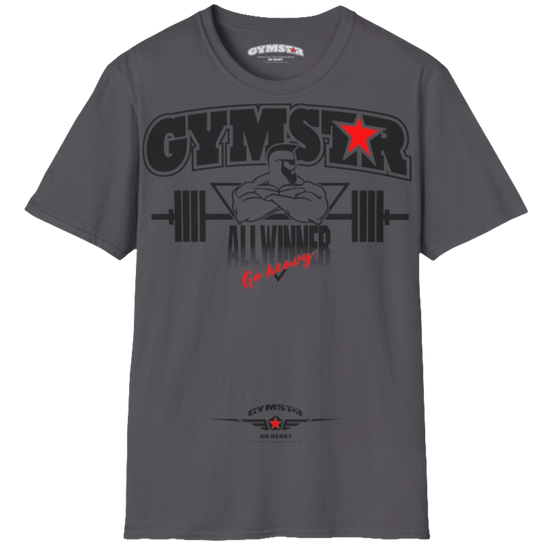 A  sport grey Gymstar t-shirt with a graphic print Bad Attitude and a barbell in the center, designed for fitness and sports. Front  view.