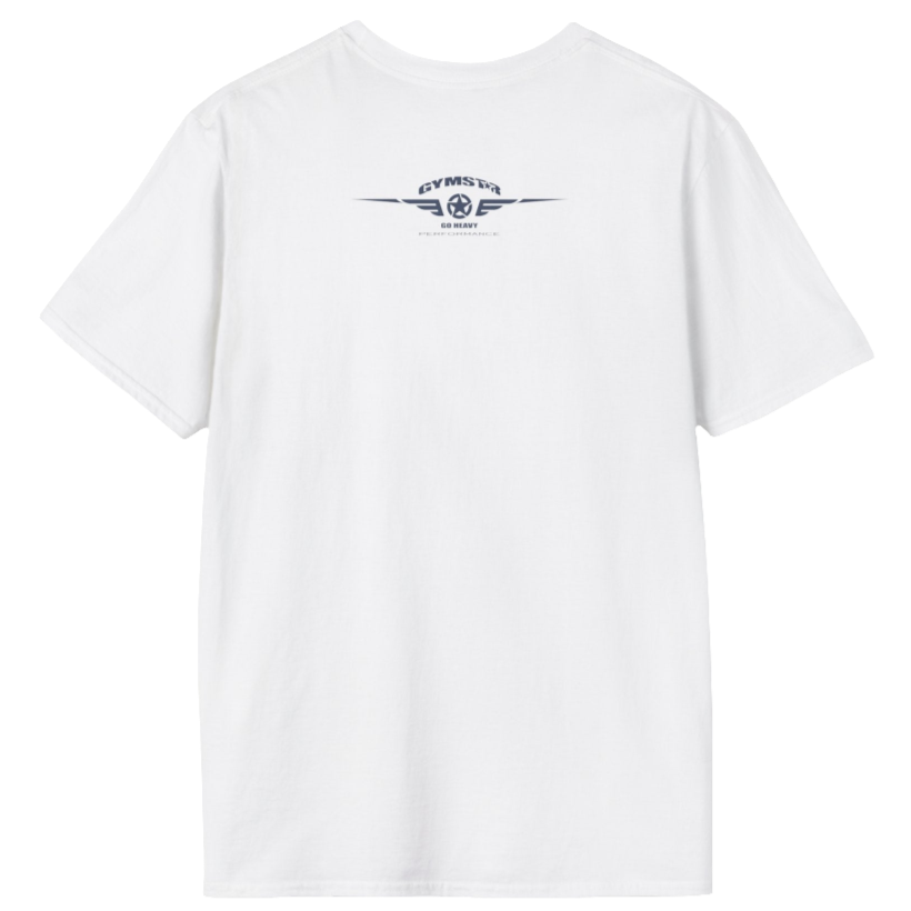 A  white Gymstar t-shirt with a graphic print Bad Attitude and a barbell in the center, designed for fitness and sports. Rear view.