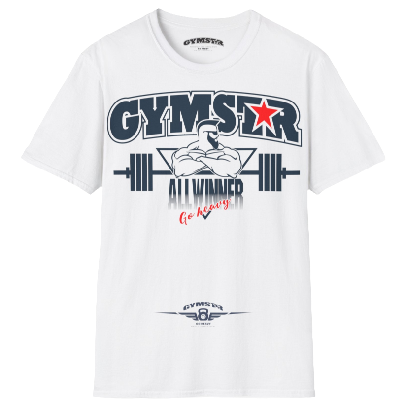 A  white Gymstar t-shirt with a graphic print Bad Attitude and a barbell in the center, designed for fitness and sports. Front  view.