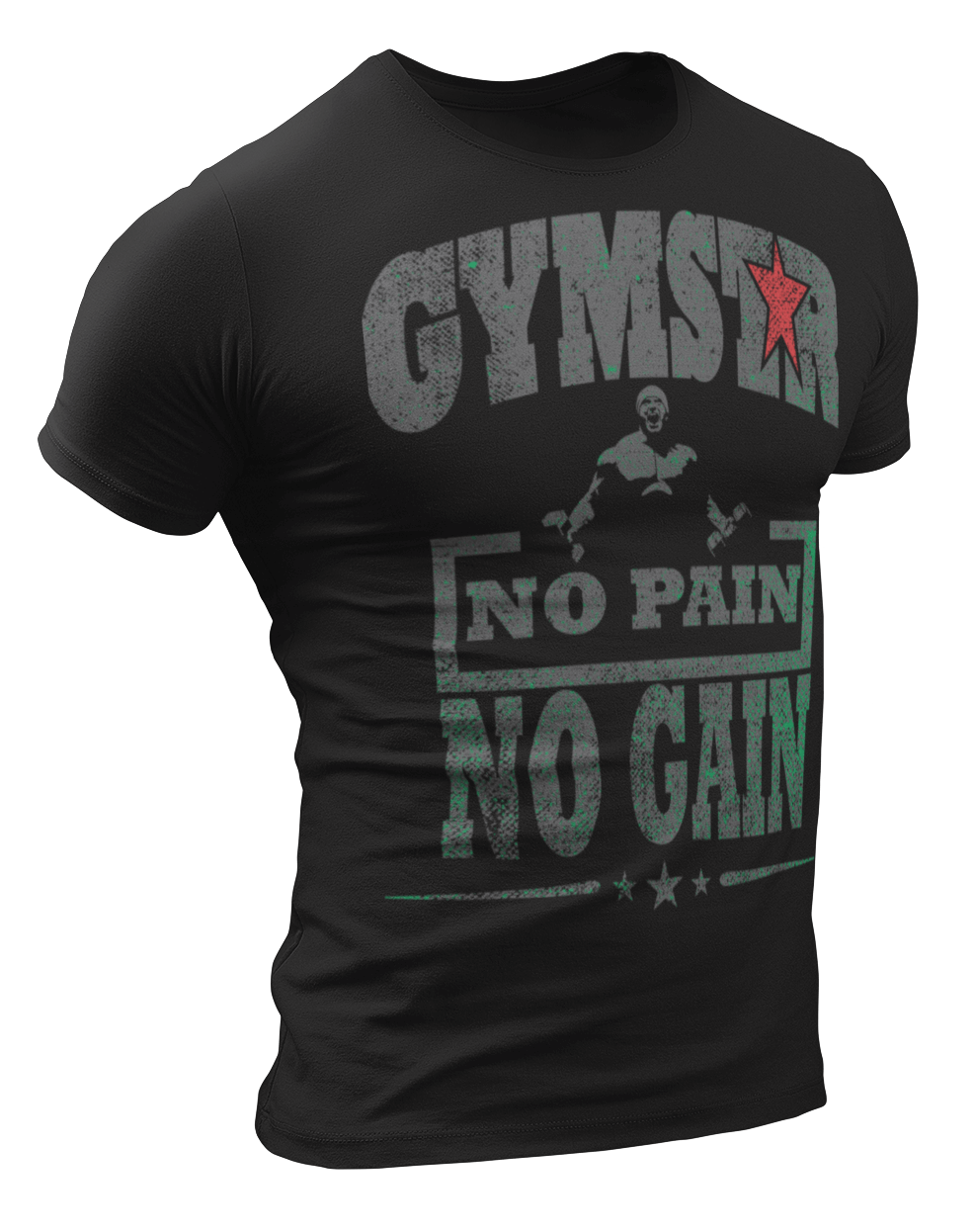 Sporty, black cotton Gymstar fitness t-shirt No Pain No Gain It with a "man lifting dumbels" motivating design a . Close-up front view.