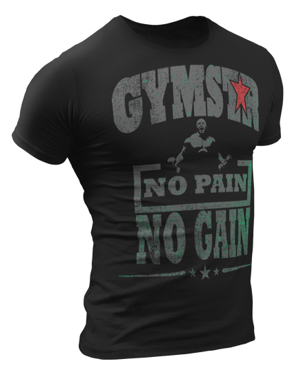 Sporty, black cotton Gymstar fitness t-shirt No Pain No Gain It with a "man lifting dumbels" motivating design a . Close-up front view.