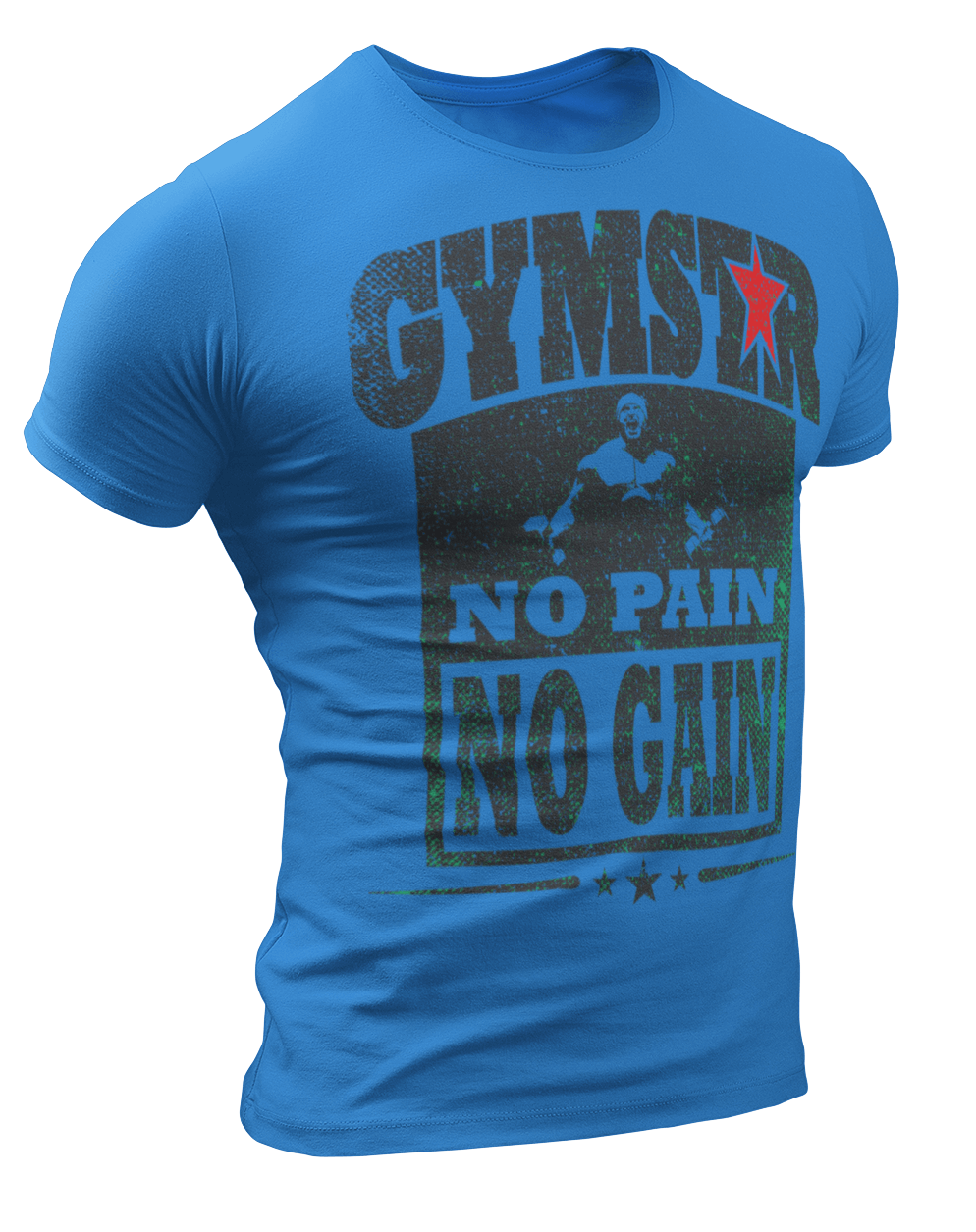 Sporty, blue cotton Gymstar fitness t-shirt No Pain No Gain It with a "man lifting dumbels" motivating design a . Close-up front view.