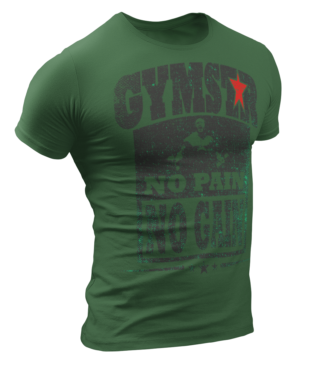 Sporty, green cotton Gymstar fitness t-shirt No Pain No Gain It with a "man lifting dumbels" motivating design a . Close-up front view.