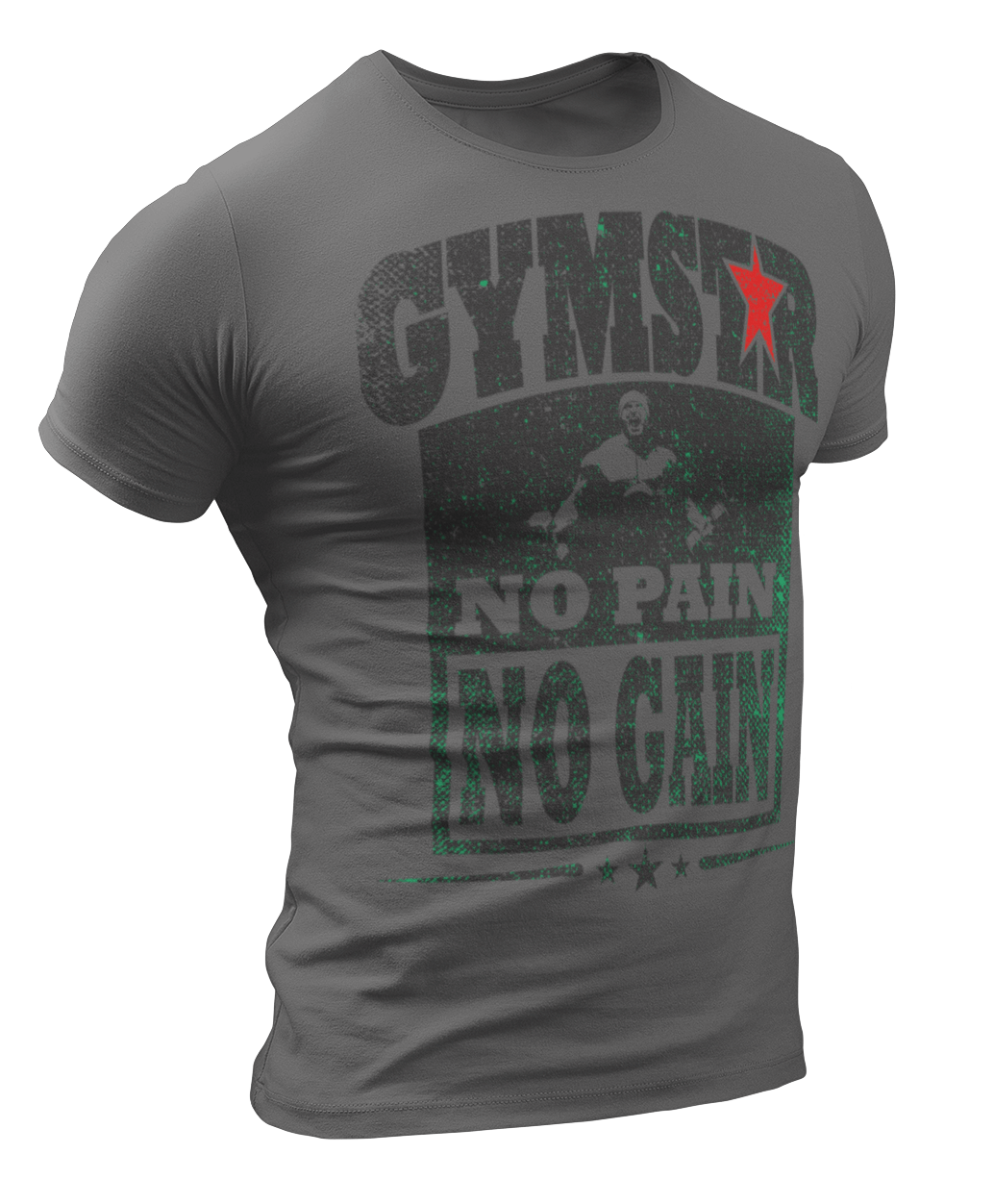 Sporty, sport grey cotton Gymstar fitness t-shirt No Pain No Gain It with a "man lifting dumbels" motivating design a . Close-up front view.