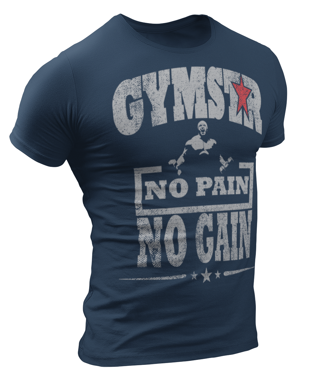 Sporty, blue navy cotton Gymstar fitness t-shirt No Pain No Gain It with a "man lifting dumbels" motivating design a . Close-up front view.