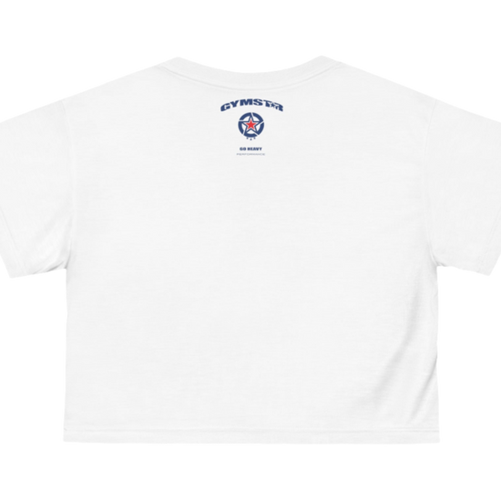 A white crop Gymstar tee with a red and black graphic that reads 'Best Bodies' and has a silhouette of a person engaging in an activity, presumably yoga or fitness. Rear view.