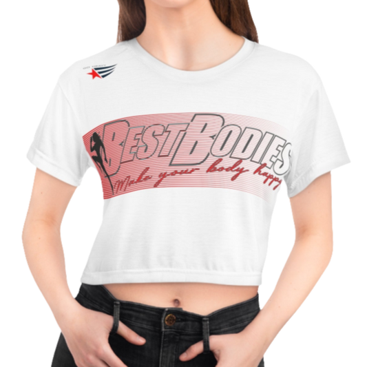 A woman wearing a white crop Gymstar tee with a red and black graphic that reads 'Best Bodies' and has a silhouette of a person engaging in an activity, presumably yoga or fitness.