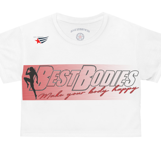 A white crop Gymstar tee with a red and black graphic that reads 'Best Bodies' and has a silhouette of a person engaging in an activity, presumably yoga or fitness.