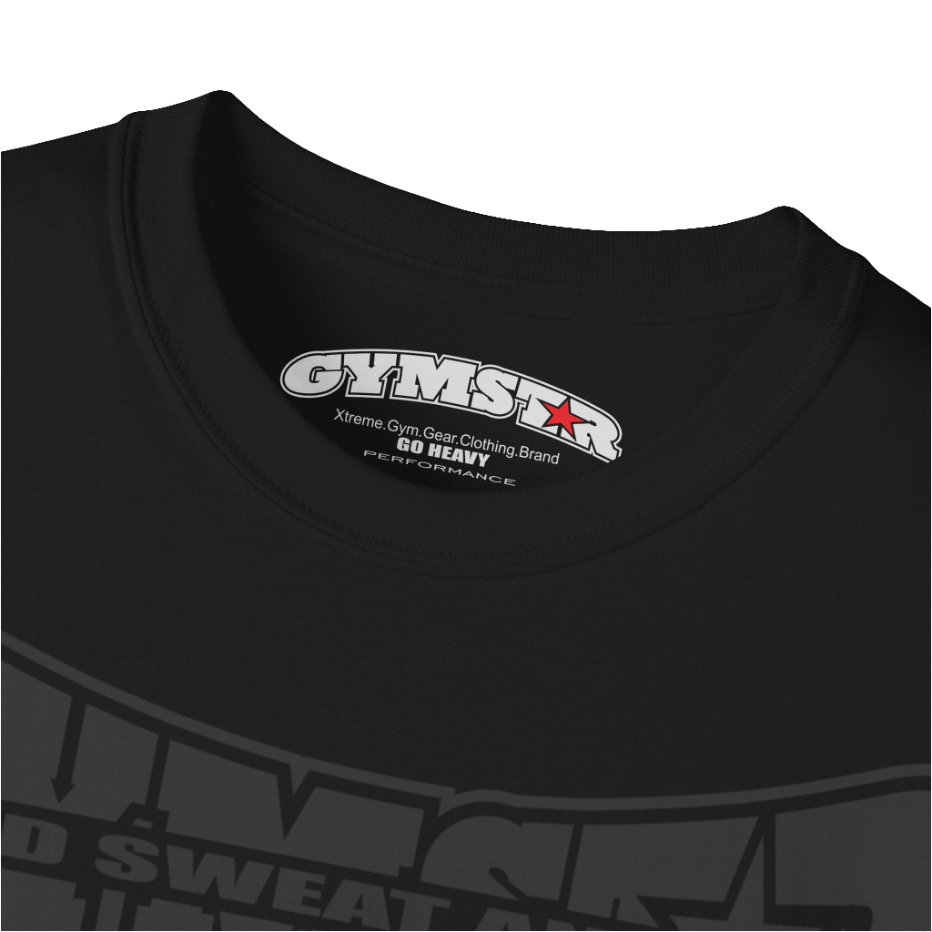 A black Gymstar t-shirt with a graphic print Blood, Sweat and Iron and a barbell in the center, designed for fitness and sports. Front logo close up view.