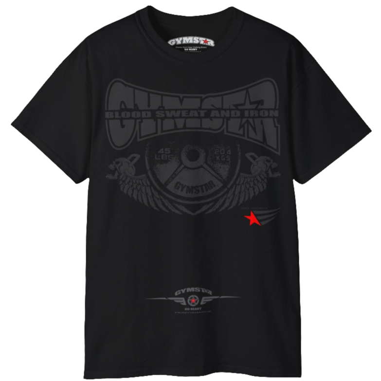 A black Gymstar t-shirt with a graphic print Blood, Sweat and Iron and a barbell in the center, designed for fitness and sports. Front view.