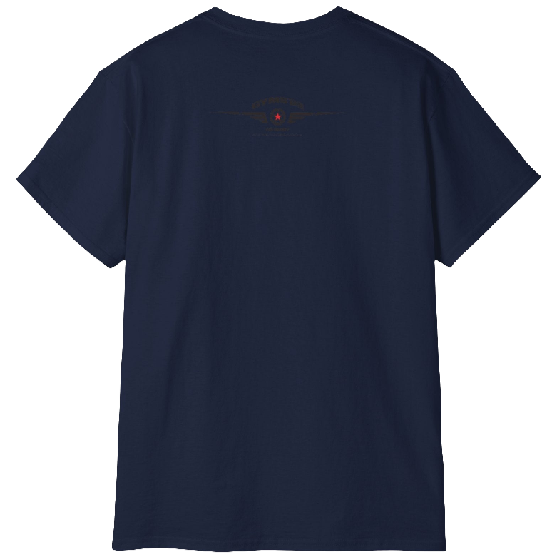 A  navy blue Gymstar t-shirt with a graphic print Blood, Sweat and Iron and a barbell in the center, designed for fitness and sports. Rear view.