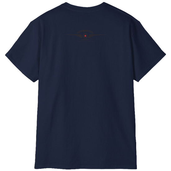 A  navy blue Gymstar t-shirt with a graphic print Blood, Sweat and Iron and a barbell in the center, designed for fitness and sports. Rear view.