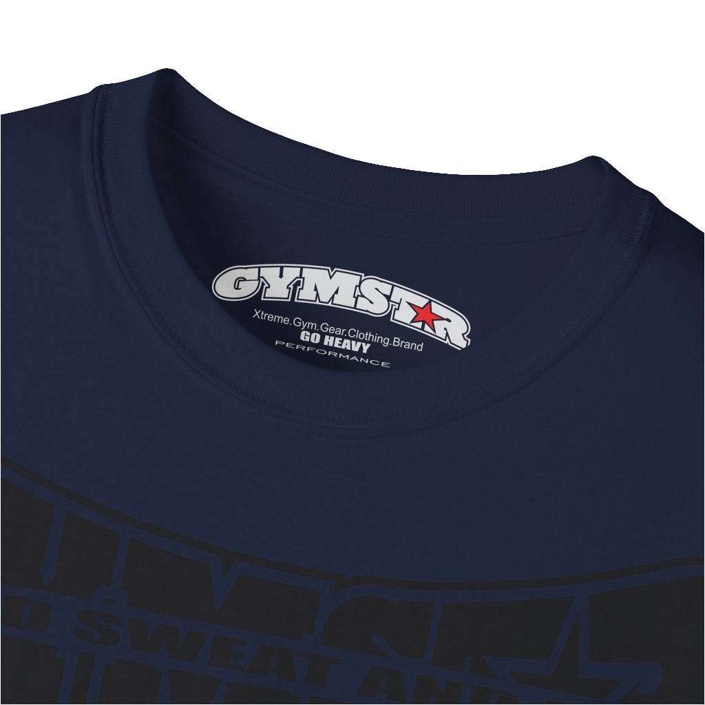 A  navy blue Gymstar t-shirt with a graphic print Blood, Sweat and Iron and a barbell in the center, designed for fitness and sports. Front logo close up view.