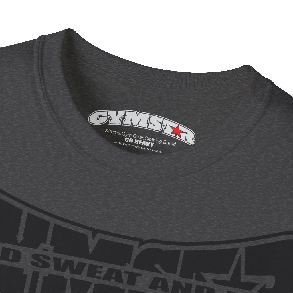 A  grey Gymstar t-shirt with a graphic print Blood, Sweat and Iron and a barbell in the center, designed for fitness and sports. Front logo close up view.