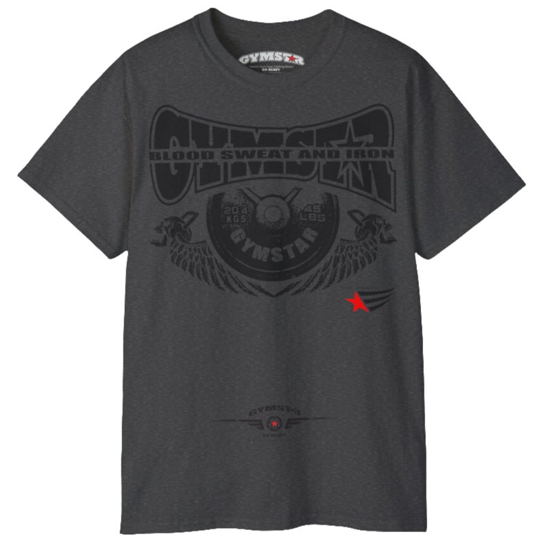 A  grey Gymstar t-shirt with a graphic print Blood, Sweat and Iron and a barbell in the center, designed for fitness and sports. Front view.