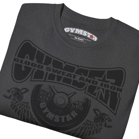 A  grey Gymstar t-shirt with a graphic print Blood, Sweat and Iron and a barbell in the center, designed for fitness and sports. Front  close up view.