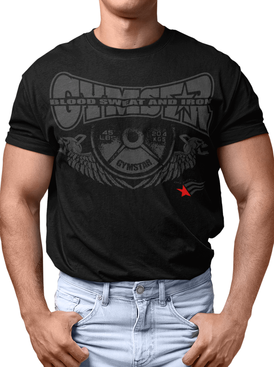 A man wearing a black Gymstar t-shirt with a graphic print that includes text Blood Sweat and Iron, weight lifting barbel and a logo related to fitness and bodybuilding.