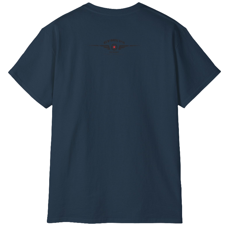 A deep navy Gymstar t-shirt with a graphic print Blood, Sweat and Iron and a barbell in the center, designed for fitness and sports. Rear view.