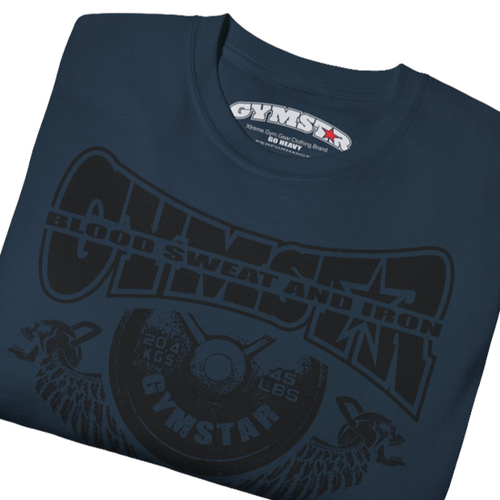 A deep navy Gymstar t-shirt with a graphic print Blood, Sweat and Iron and a barbell in the center, designed for fitness and sports. Front close up view.