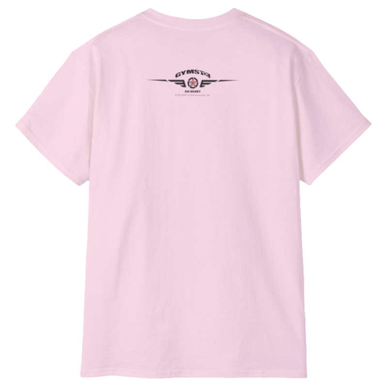 A  pink Gymstar t-shirt with a graphic print Blood, Sweat and Iron and a barbell in the center, designed for fitness and sports. Rare view.