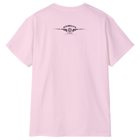 A  pink Gymstar t-shirt with a graphic print Blood, Sweat and Iron and a barbell in the center, designed for fitness and sports. Rare view.