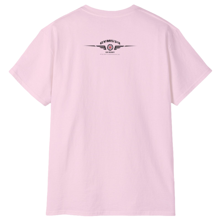 A  pink Gymstar t-shirt with a graphic print Blood, Sweat and Iron and a barbell in the center, designed for fitness and sports. Rare view.
