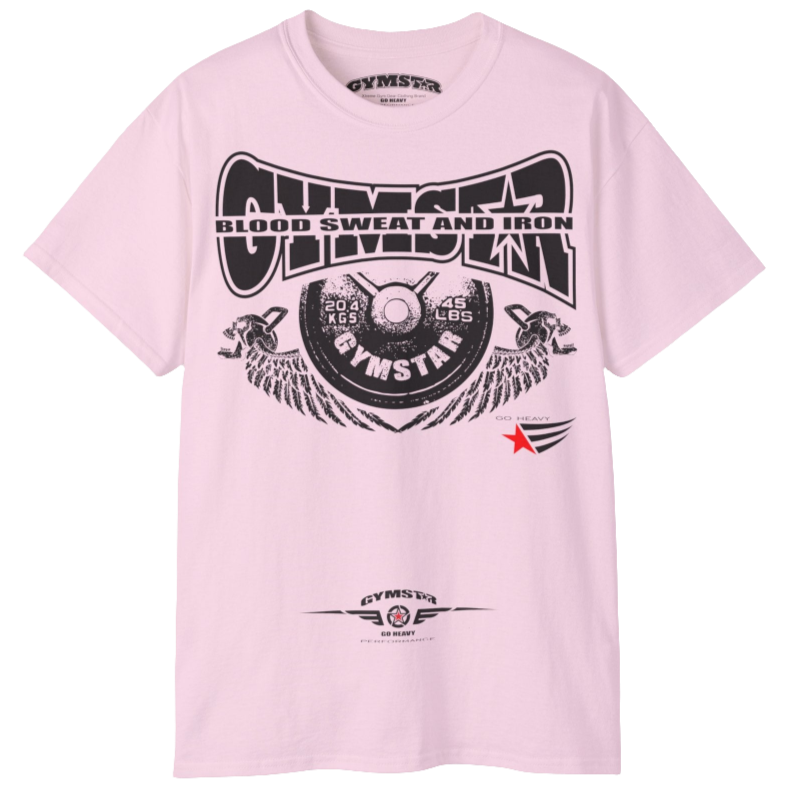 A pink Gymstar t-shirt with a graphic print Blood, Sweat and Iron and a barbell in the center, designed for fitness and sports. Front view.