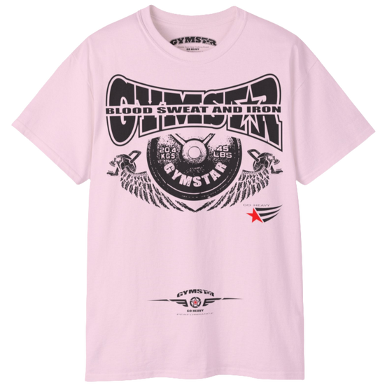 A pink Gymstar t-shirt with a graphic print Blood, Sweat and Iron and a barbell in the center, designed for fitness and sports. Front view.