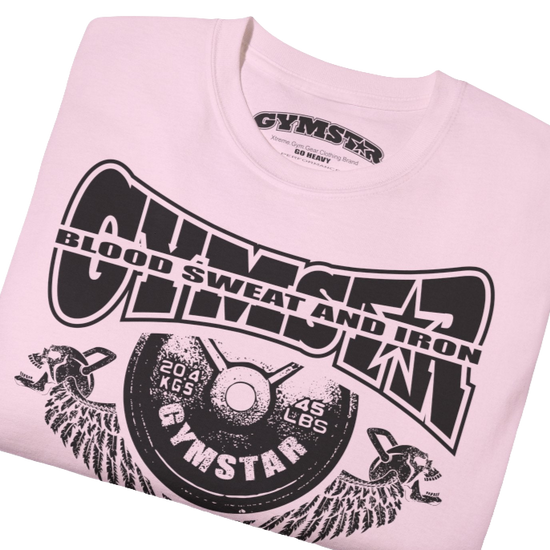 A  pink Gymstar t-shirt with a graphic print Blood, Sweat and Iron and a barbell in the center, designed for fitness and sports. Front close up view.