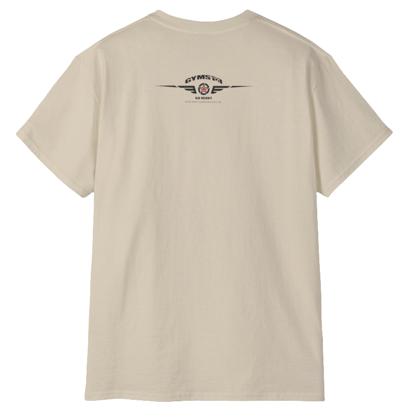 A  beige Gymstar t-shirt with a graphic print Blood, Sweat and Iron and a barbell in the center, designed for fitness and sports. Rear view.