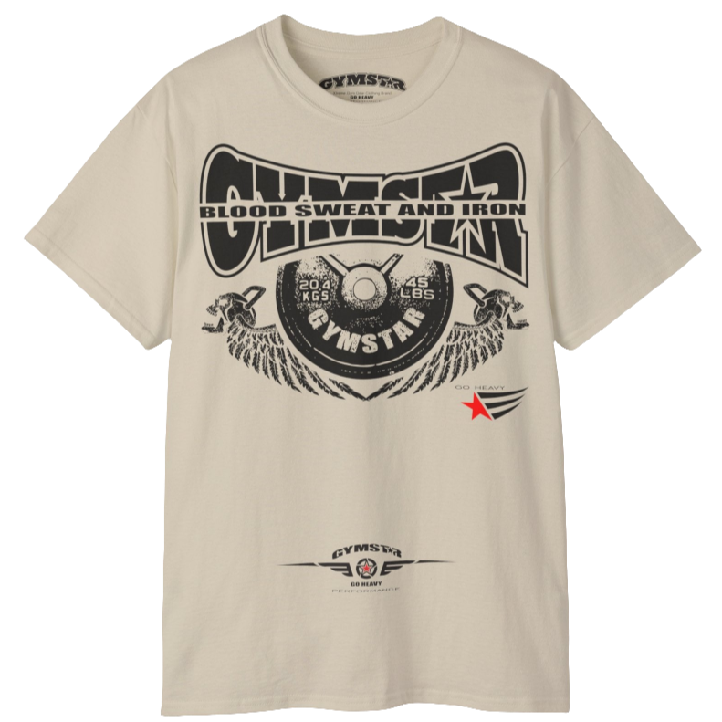 A  beige Gymstar t-shirt with a graphic print Blood, Sweat and Iron and a barbell in the center, designed for fitness and sports. Front  view.