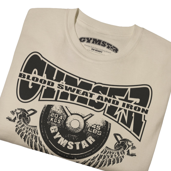 A  beige Gymstar t-shirt with a graphic print Blood, Sweat and Iron and a barbell in the center, designed for fitness and sports. Front close up view.