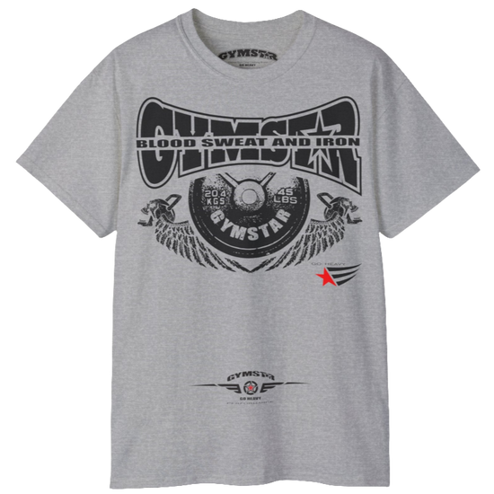 A  silver grey Gymstar t-shirt with a graphic print Blood, Sweat and Iron and a barbell in the center, designed for fitness and sports. Front  view.