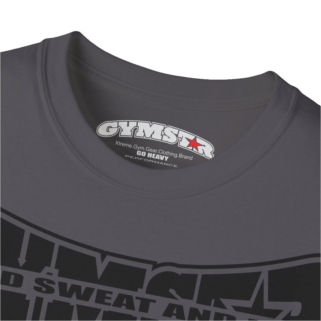 A  sport grey Gymstar t-shirt with a graphic print Blood, Sweat and Iron and a barbell in the center, designed for fitness and sports. Front logo close up view.