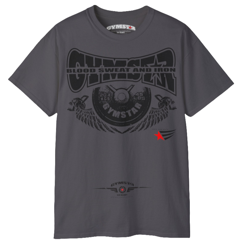 A  sport grey Gymstar t-shirt with a graphic print Blood, Sweat and Iron and a barbell in the center, designed for fitness and sports. Front view.