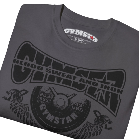 A  sport grey Gymstar t-shirt with a graphic print Blood, Sweat and Iron and a barbell in the center, designed for fitness and sports. Front close up view.