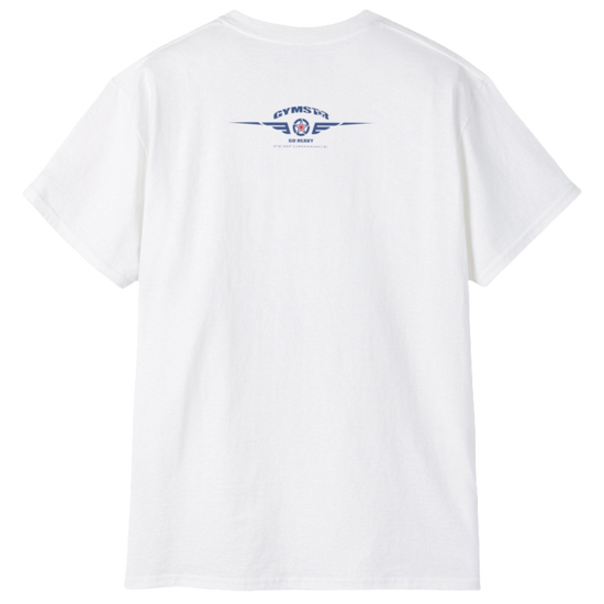 A White Gymstar t-shirt with a graphic print Blood, Sweat and Iron and a barbell in the center, designed for fitness and sports. Rear view.