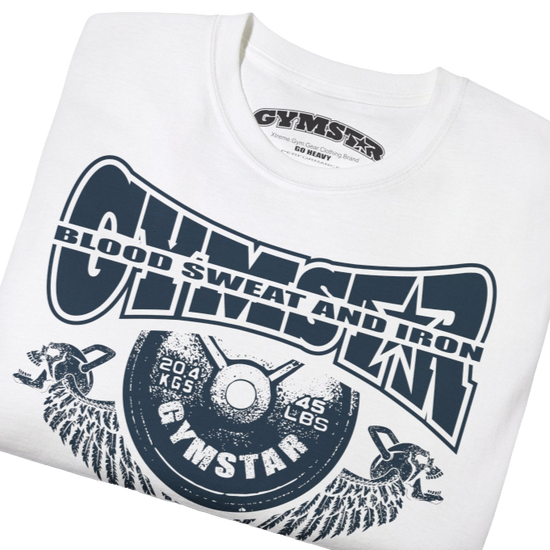 A White Gymstar t-shirt with a graphic print Blood, Sweat and Iron and a barbell in the center, designed for fitness and sports. Front close up view.