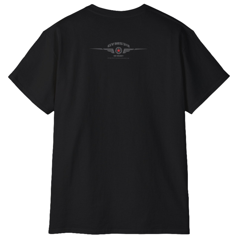 A  black Gymstar t-shirt with a graphic print Born To Pump and a barbell in the center, designed for fitness and sports. Front logo close up view